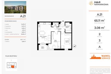 Rzut - Mieszkanie na sprzedaż 3 pokoje o powierzchni 65,11 m² - numer A.21 w Nowa Namiarkowa