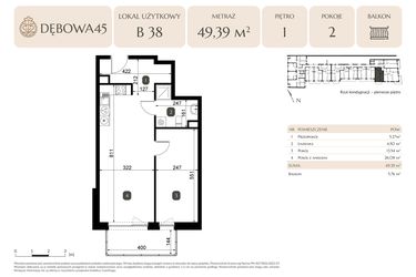 Rzut - Lokal użytkowy na sprzedaż 2 pokoje o powierzchni 49,39 m² - numer B.38 - LU5 w Dębowa 45