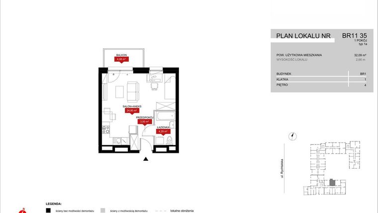 Rzut - Mieszkanie na sprzedaż 1 pokój o powierzchni 32,09 m² - numer BR11/35 w Browary Wrocławskie 2