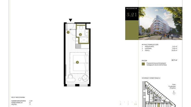 Rzut - Mieszkanie na sprzedaż 1 pokój o powierzchni 22,71 m² - numer 321 w Y3 Signature Hotel