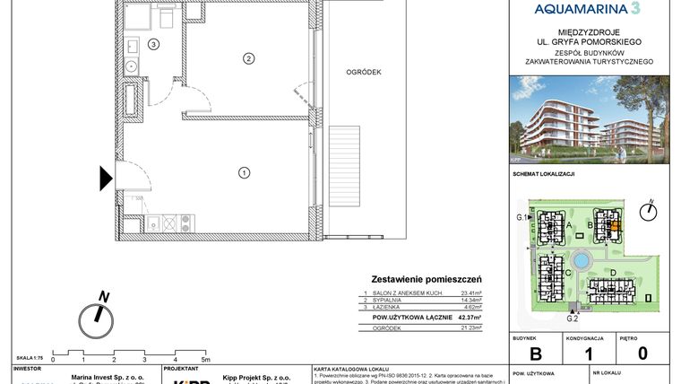 Rzut - Mieszkanie na sprzedaż 2 pokoje o powierzchni 42,37 m² - numer B1.08 w Aquamarina 3
