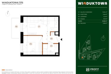 Rzut - Mieszkanie na sprzedaż 2 pokoje o powierzchni 32,82 m² - numer 7.15 w Wiaduktowa