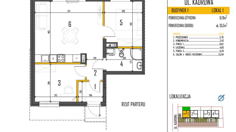 Rzut - Mieszkanie na sprzedaż 3 pokoje o powierzchni 51,19 m² - numer 4/1 w Osiedle Korona