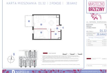 Rzut - Mieszkanie na sprzedaż 2 pokoje o powierzchni 38,64 m² - numer D1.32 w Miasteczko Brzeziny II