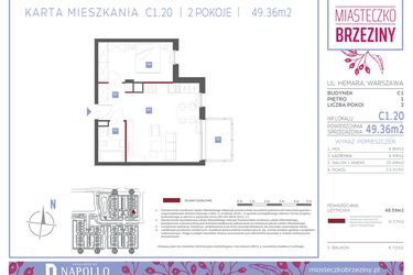 Rzut - Mieszkanie na sprzedaż 2 pokoje o powierzchni 49,36 m² - numer C1.20 w Miasteczko Brzeziny II