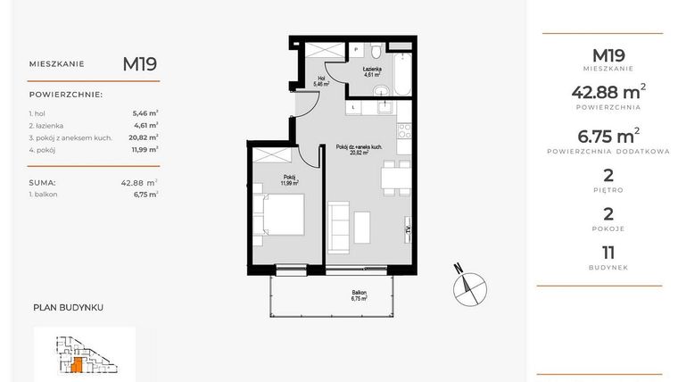 Rzut - Mieszkanie na sprzedaż 2 pokoje o powierzchni 43,06 m² - numer M19 w Łepkowskiego 11