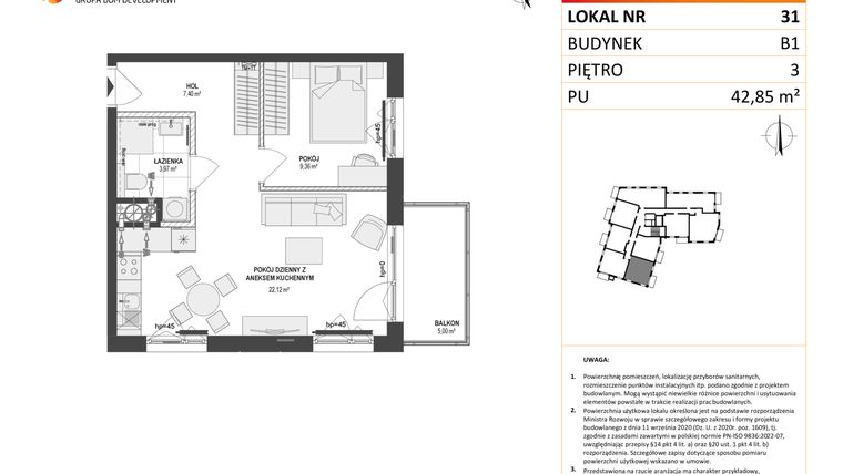 Rzut - Mieszkanie na sprzedaż 2 pokoje o powierzchni 42,85 m² - numer 31 w Leśna Góra