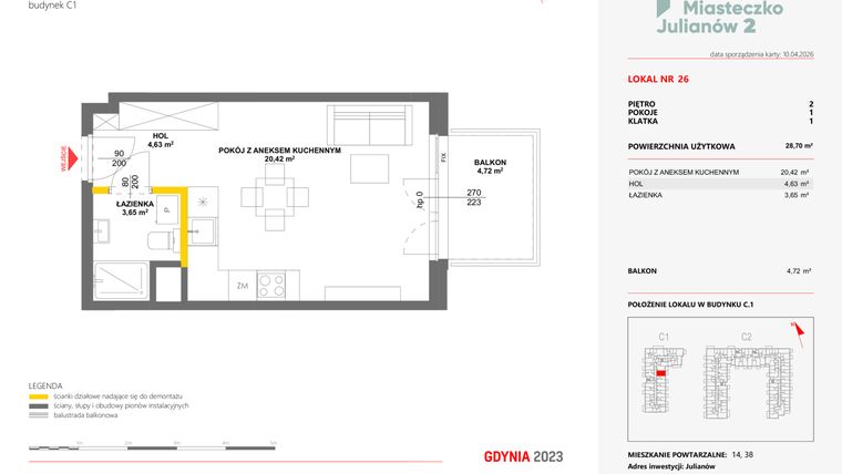 Rzut - Mieszkanie na sprzedaż 1 pokój o powierzchni 28,7 m² - numer 26 w Miasteczko Julianów etap 2
