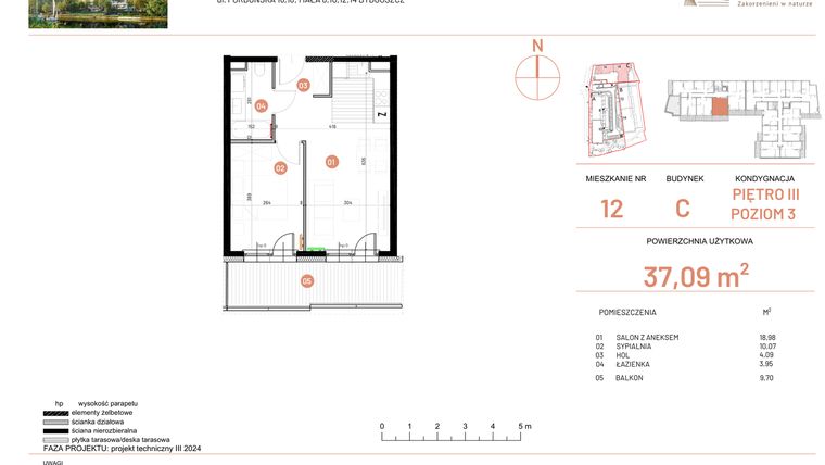 Rzut - Mieszkanie na sprzedaż 2 pokoje o powierzchni 37,09 m² - numer 16.12 w Osiedle Nowe Horyzonty etap II