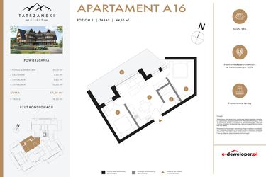 Rzut - Mieszkanie na sprzedaż 3 pokoje o powierzchni 44,44 m² - numer A16 w Tatrzański Resort
