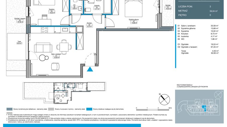 Rzut - Mieszkanie na sprzedaż 3 pokoje o powierzchni 59,04 m² - numer EB0002 w Talarowa Park II