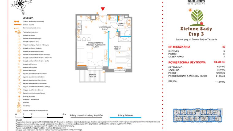Rzut - Mieszkanie na sprzedaż 2 pokoje o powierzchni 43,2 m² - numer 43 w Zielone Sady etap III