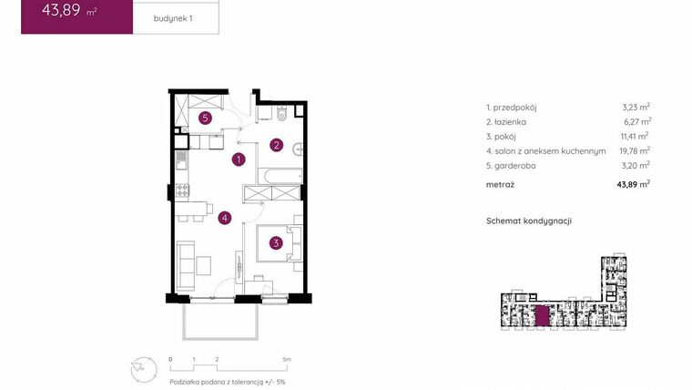 Rzut - Mieszkanie na sprzedaż 2 pokoje o powierzchni 43,89 m² - numer 1.B.6.03 w Murapol Urcity
