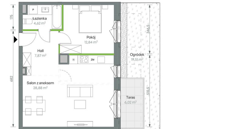 Rzut - Mieszkanie na sprzedaż 2 pokoje o powierzchni 54,21 m² - numer 2/B/1/03 w Oliwska Vita