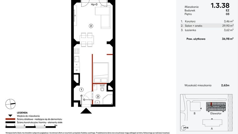 Rzut - Mieszkanie na sprzedaż 1 pokój o powierzchni 36,98 m² - numer EZ.1.3.38 w Elewator - Mieszkania i Lofty
