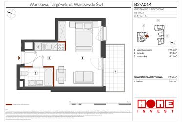 Rzut - Mieszkanie na sprzedaż 1 pokój o powierzchni 27,56 m² - numer B2-A014 w Warszawski Świt etap IX