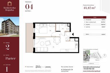Rzut - Mieszkanie na sprzedaż 2 pokoje o powierzchni 43,42 m² - numer 1.M4 w Krakowska Rogatka