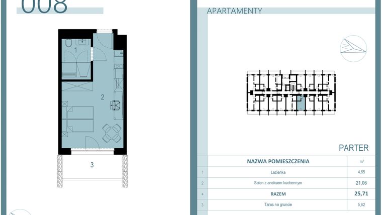 Rzut - Mieszkanie na sprzedaż 1 pokój o powierzchni 25,71 m² - numer 008 w Linea Mare Mrzeżyno