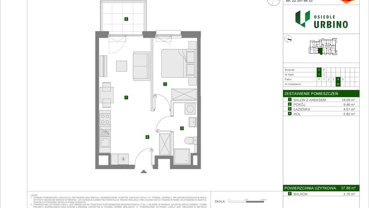 Rzut - Mieszkanie na sprzedaż 2 pokoje o powierzchni 37,88 m² - numer C37 w Osiedle Urbino etap 4.2