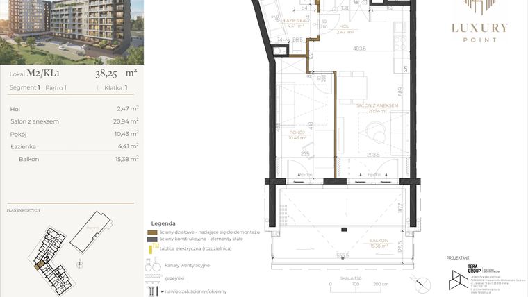 Rzut - Mieszkanie na sprzedaż 2 pokoje o powierzchni 38,25 m² - numer M2/KL1 w LUXURY POINT