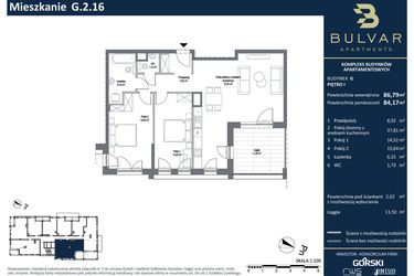 Rzut - Mieszkanie na sprzedaż 3 pokoje o powierzchni 87,03 m² - numer G.2.16 w Bulvar Apartments - etap I