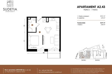 Rzut - Mieszkanie na sprzedaż 1 pokój o powierzchni 32,91 m² - numer A 2.43 w Apartamenty Sudetia
