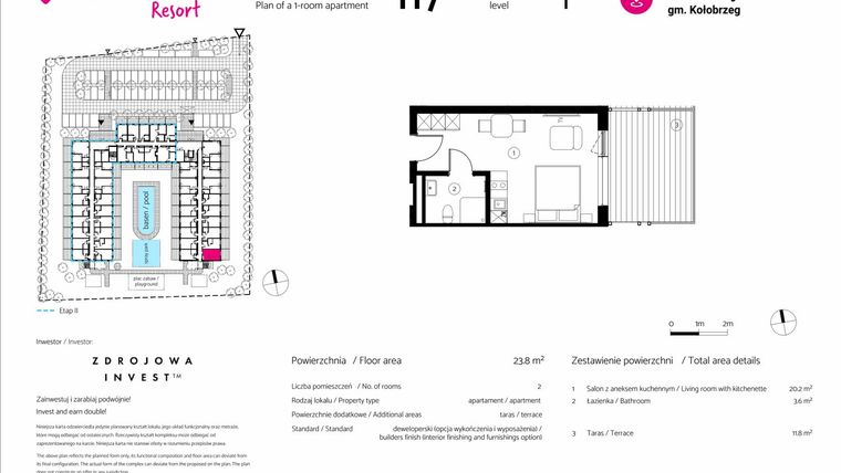 Rzut - Mieszkanie na sprzedaż 1 pokój o powierzchni 23,8 m² - numer 117 w VacationClub Resort