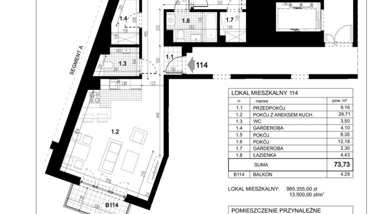 Rzut - Mieszkanie na sprzedaż 3 pokoje o powierzchni 73,73 m² - numer C.114 w Przewóz 4