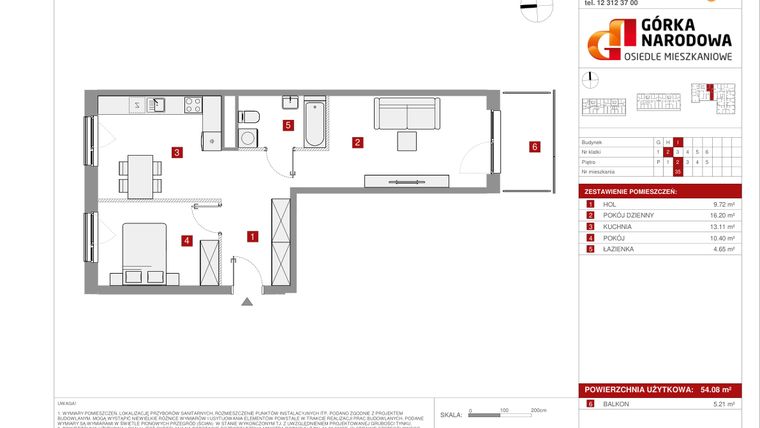 Rzut - Mieszkanie na sprzedaż 2 pokoje o powierzchni 54,08 m² - numer GN_4_1_I_35 w Osiedle Górka Narodowa