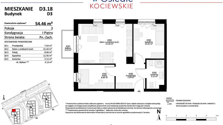 Rzut - Mieszkanie na sprzedaż 3 pokoje o powierzchni 54,46 m² - numer D3.18 w Osiedle Kociewskie etap IV