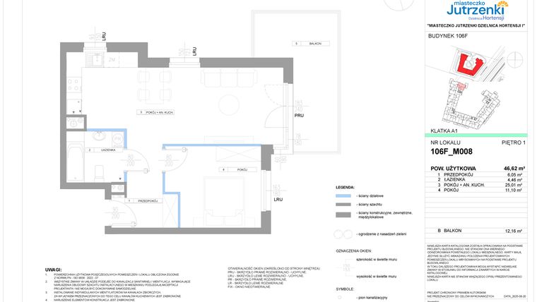 Rzut - Mieszkanie na sprzedaż 2 pokoje o powierzchni 46,62 m² - numer 106F/M008 w Miasteczko Jutrzenki Dzielnica Hortensji