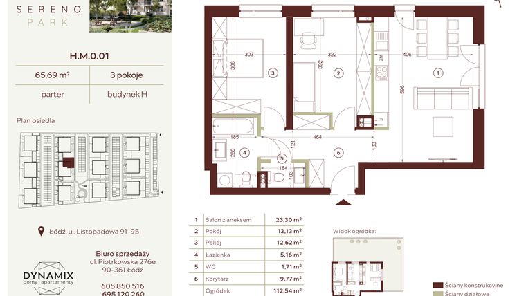Rzut - Mieszkanie na sprzedaż 3 pokoje o powierzchni 65,69 m² - numer H.M.0.01 w Sereno Park