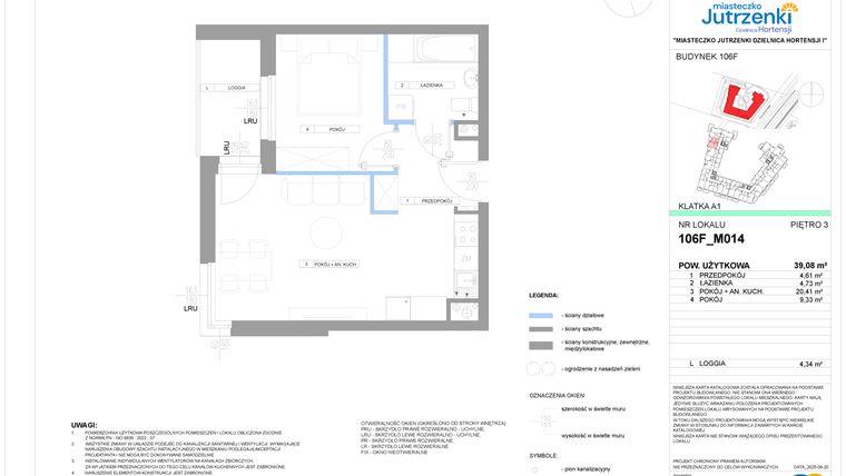 Rzut - Mieszkanie na sprzedaż 2 pokoje o powierzchni 39,08 m² - numer 106F/M014 w Miasteczko Jutrzenki Dzielnica Hortensji