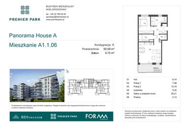 Rzut - Mieszkanie na sprzedaż 3 pokoje o powierzchni 60,09 m² - numer A1.1.06 w Premier Park II