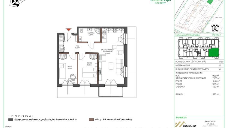 Rzut - Mieszkanie na sprzedaż 3 pokoje o powierzchni 57,85 m² - numer 20 w Osiedle Polna bud. 5