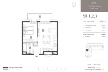 Rzut - Mieszkanie na sprzedaż 2 pokoje o powierzchni 37,09 m² - numer L.2.3 w Zamoyskiego 31