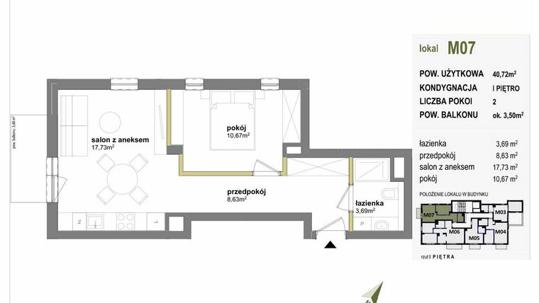 Rzut - Mieszkanie na sprzedaż 2 pokoje o powierzchni 40,72 m² - numer M07 w Międzylesie przy lesie
