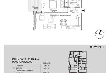 Rzut - Mieszkanie na sprzedaż 2 pokoje o powierzchni 42,9 m² - numer B1-04-43A w Nowa Francuska