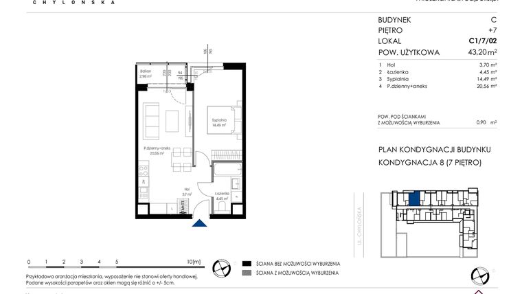 Rzut - Mieszkanie na sprzedaż 2 pokoje o powierzchni 43,2 m² - numer C1/7/02 w Chylońska STO10 etap III