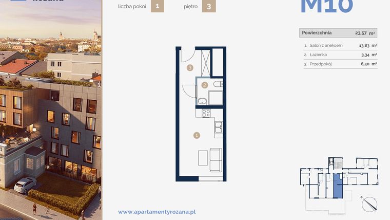 Rzut - Mieszkanie na sprzedaż 1 pokój o powierzchni 23,57 m² - numer M10 w Apartamenty Różana