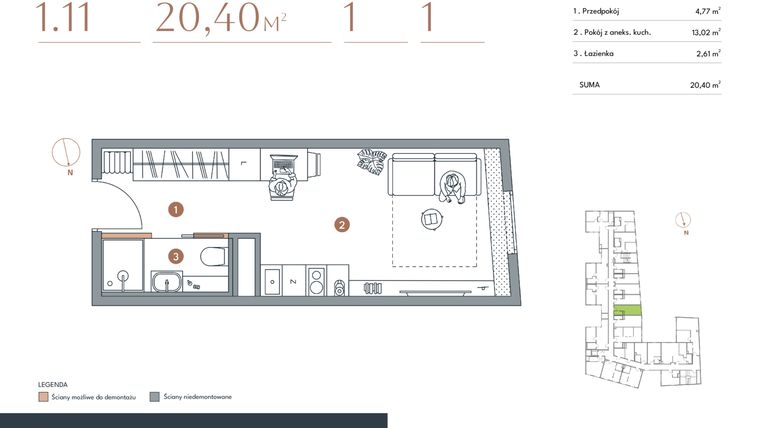 Rzut - Mieszkanie na sprzedaż 1 pokój o powierzchni 20,4 m² - numer 1.11 w Starowiejska 3