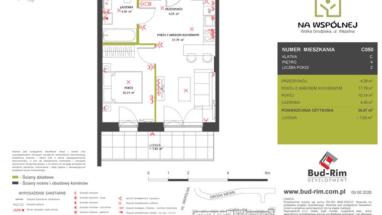 Rzut - Mieszkanie na sprzedaż 2 pokoje o powierzchni 36,67 m² - numer C50 w Na Wspólnej etap 2