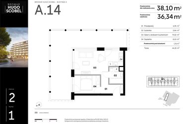 Rzut - Mieszkanie na sprzedaż 2 pokoje o powierzchni 38,1 m² - numer A.14 w Browar HUGO SCOBEL