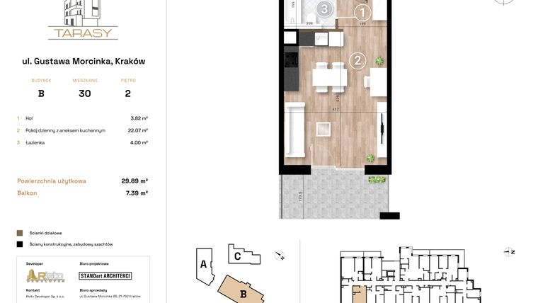 Rzut - Mieszkanie na sprzedaż 1 pokój o powierzchni 29,89 m² - numer B30 w Krzesławickie Tarasy
