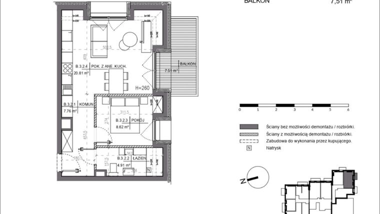 Rzut - Mieszkanie na sprzedaż 2 pokoje o powierzchni 42,1 m² - numer B.3.2 w Polanka 21