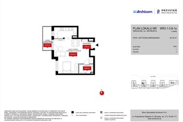 Rzut - Mieszkanie na sprzedaż 1 pokój o powierzchni 42,76 m² - numer WR3 1/3/8/1a w Przystań Reymonta etap II