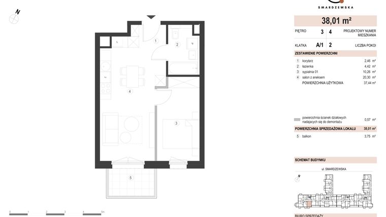 Rzut - Mieszkanie na sprzedaż 2 pokoje o powierzchni 38,01 m² - numer A/1/3.4 w Smardzewska 8