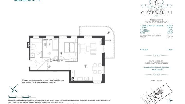 Rzut - Mieszkanie na sprzedaż 3 pokoje o powierzchni 58,05 m² - numer 15 w Kamienica przy Ciszewskiej