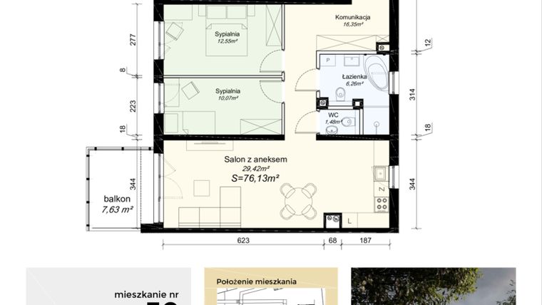 Rzut - Mieszkanie na sprzedaż 3 pokoje o powierzchni 76,13 m² - numer M59 w Łupkowa Park 2