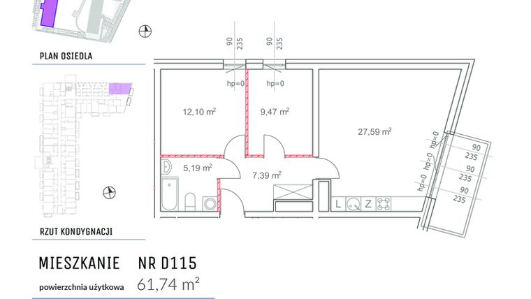 Rzut - Mieszkanie na sprzedaż 3 pokoje o powierzchni 61,74 m² - numer D115 w Osiedle Impresja 2